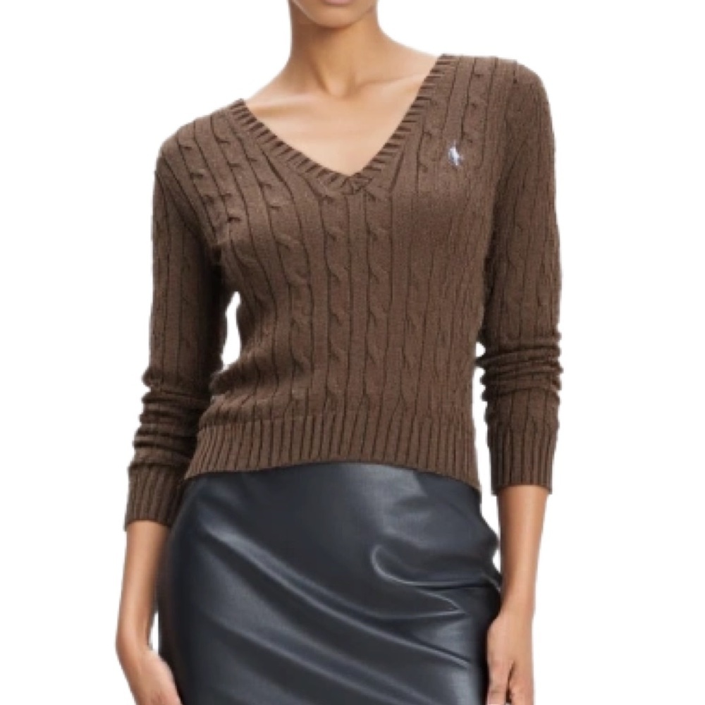Ralph Lauren Chocolate Brown Cotton Cable Knit V-Neck Sweater Size M